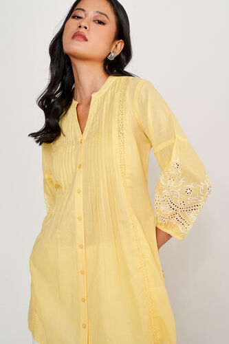 Yellow Solid Embroidered Shirt Style Tunic, Yellow, image 1
